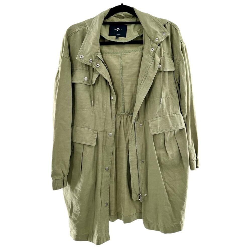 7 For All Mankind Green Hooded Parka Utility Zip Up Long Trench Jacket Size S